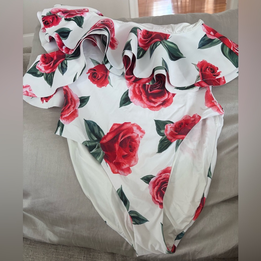 Onia x WeWoreWhat Stella One Shoulder Ruffle Floral One Piece Swimsuit NWT sz L